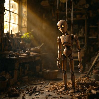 The primary subject of the image is a wooden puppet, which is the main object, scene, or focus of the image. The setting is a workshop or a room with various tools and equipment, creating a backdrop for the puppet. The visual style of the image is a combination of photo and digital art, giving it a unique and creative appearance. The colors and mood of the image are predominantly dark, with the wooden puppet being the main source of light and contrast.